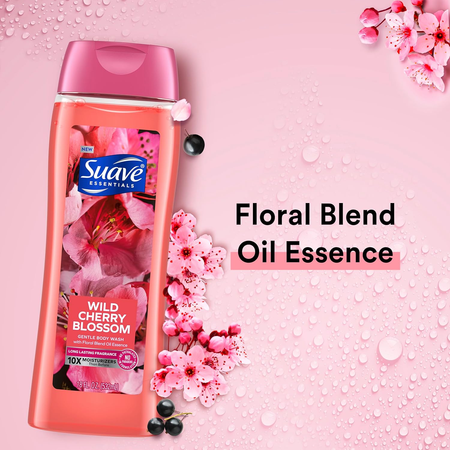 Suave Moisturizing Body Wash, with Wild Cherry Blossom and Vitamin E Extract, No Parabens, No Phtahaltes, 18 Oz Pack of 6