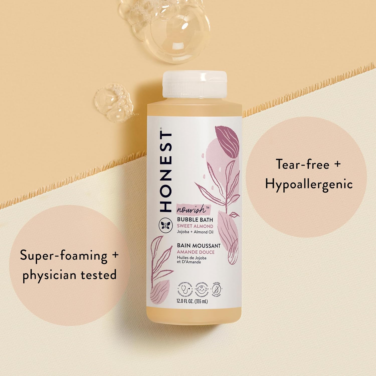 The Honest Company Foaming Bubble Bath | Gentle for Baby | Naturally Derived, Tear-free, Hypoallergenic | Sweet Almond Nourish, 12 fl oz