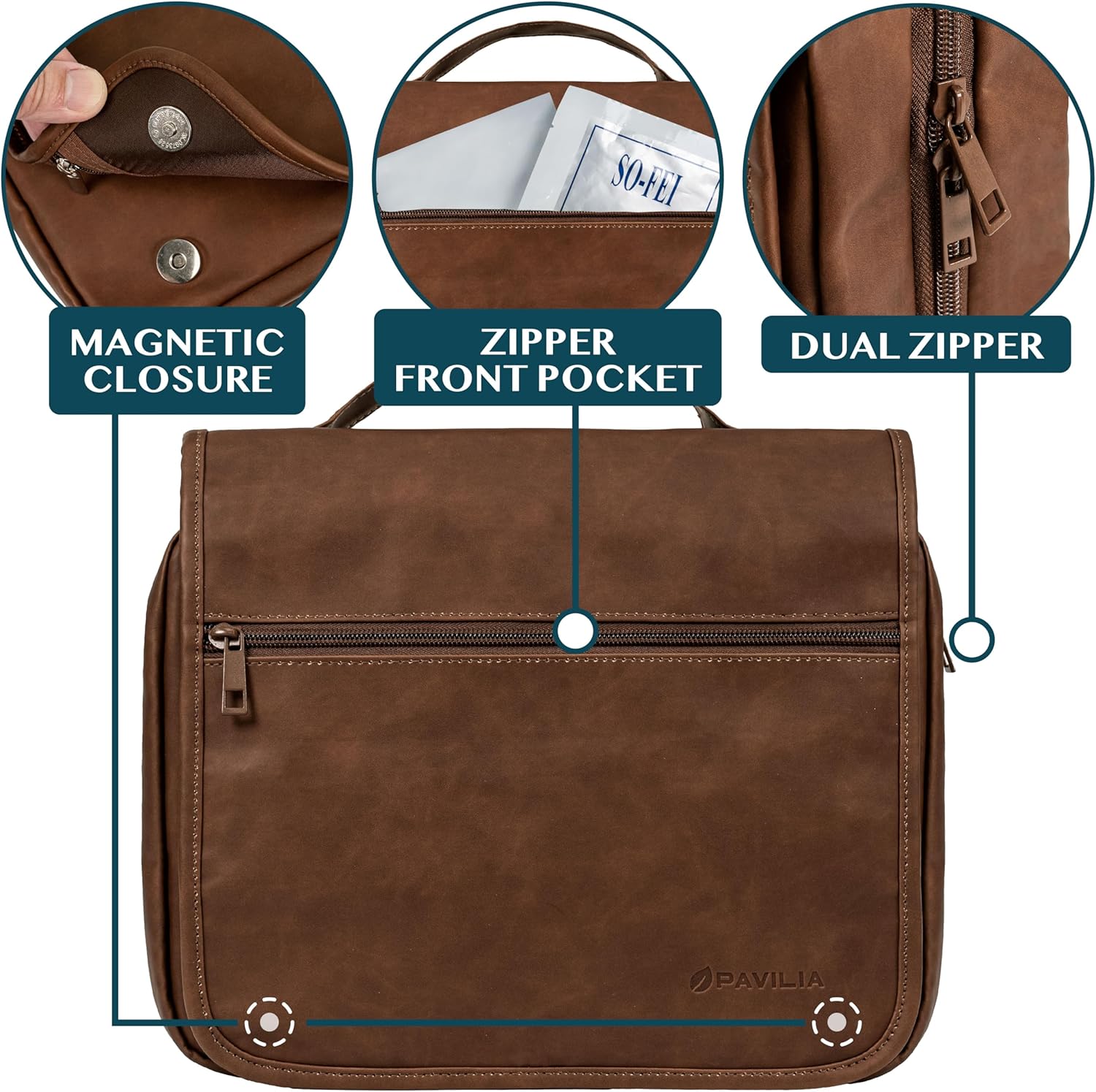 PAVILIA Hanging Toiletry Bag Women Men, Foldable Cosmetic Organizer Travel Bag, Water Resistant Makeup Bag Toiletries, Large Travel Essentials Kit (Dark Brown)