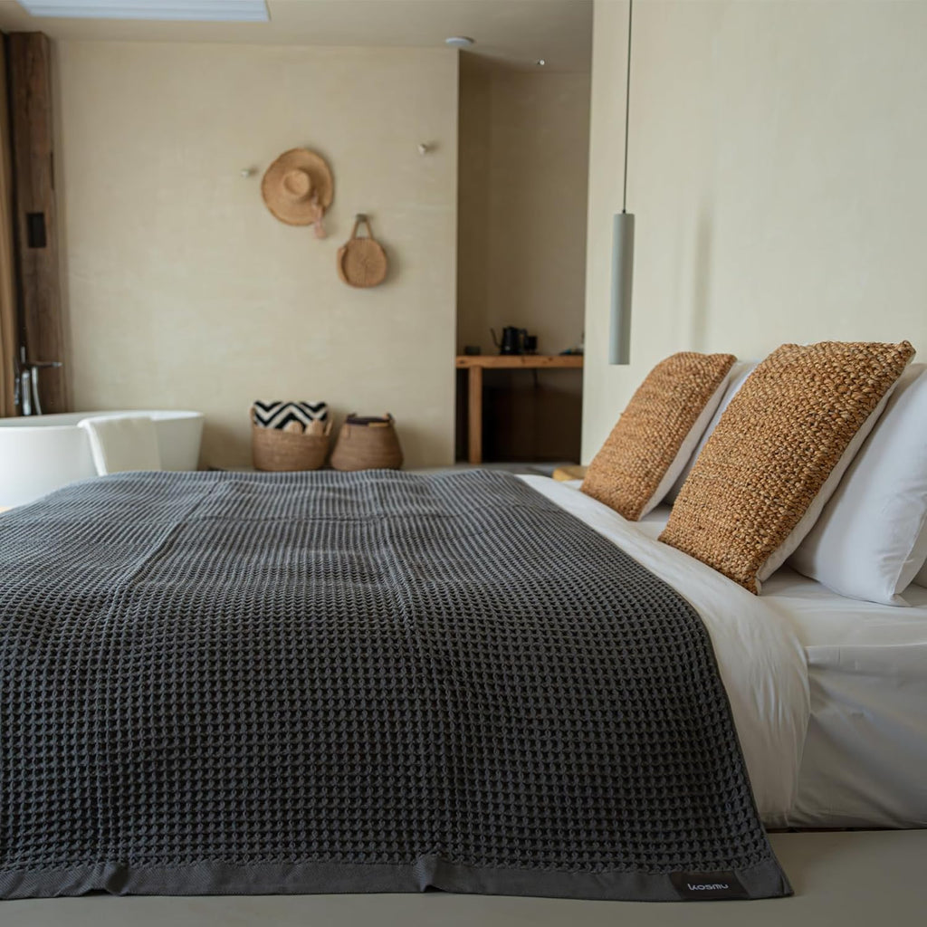 Luxury Japanese Cotton Waffle Towelket Blanket for All Sleepers | Soft, Breathable and Thermoregulating (Smoke Grey, 67''x91'')