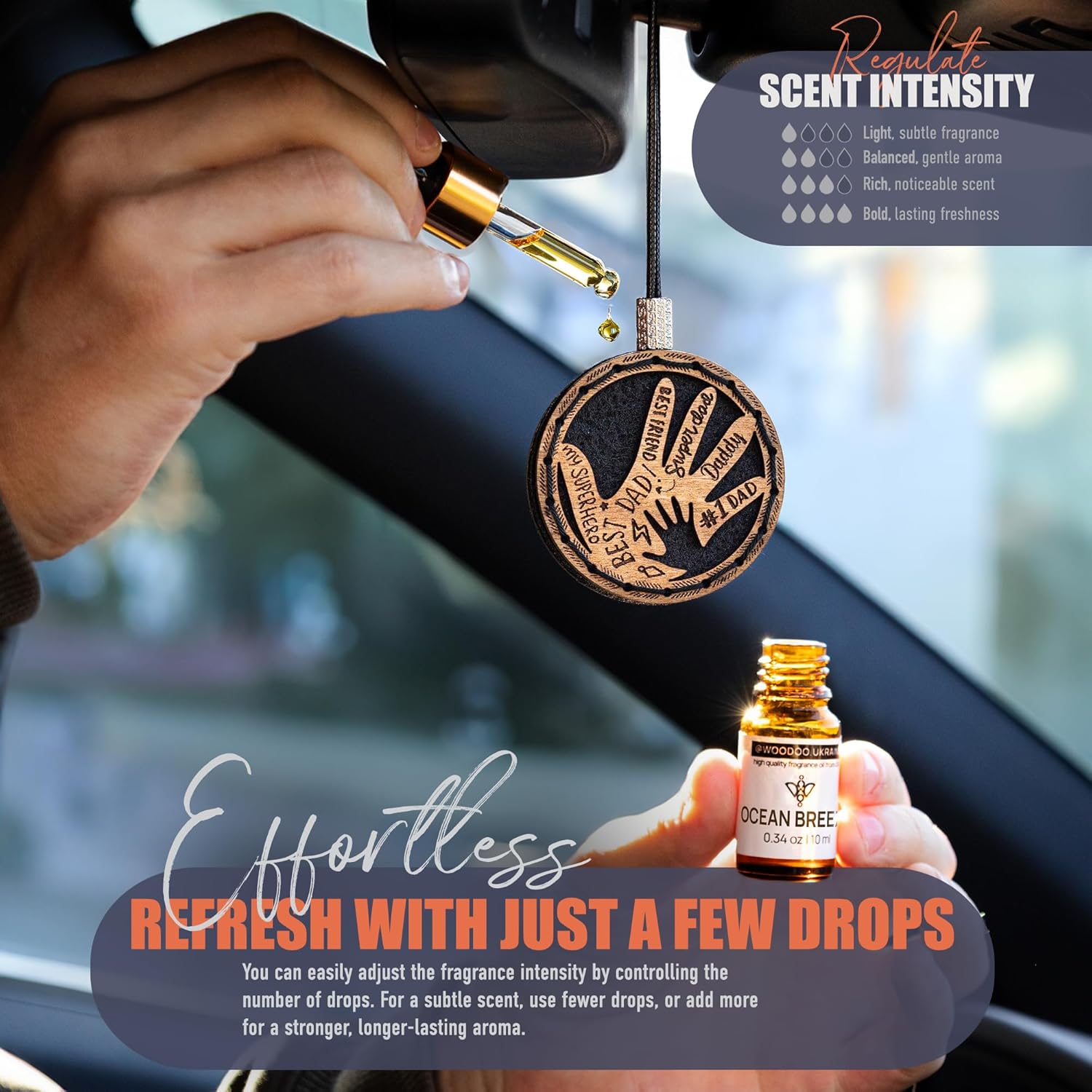 Wood Car Air Freshener — Handcrafted Air Freshener — Father’s Hands Fragrance Oil Diffuser in Wooden Gift Box — Christmas Gift for Car with Ocean Breeze Scent Fragrance Oil - 10 ml