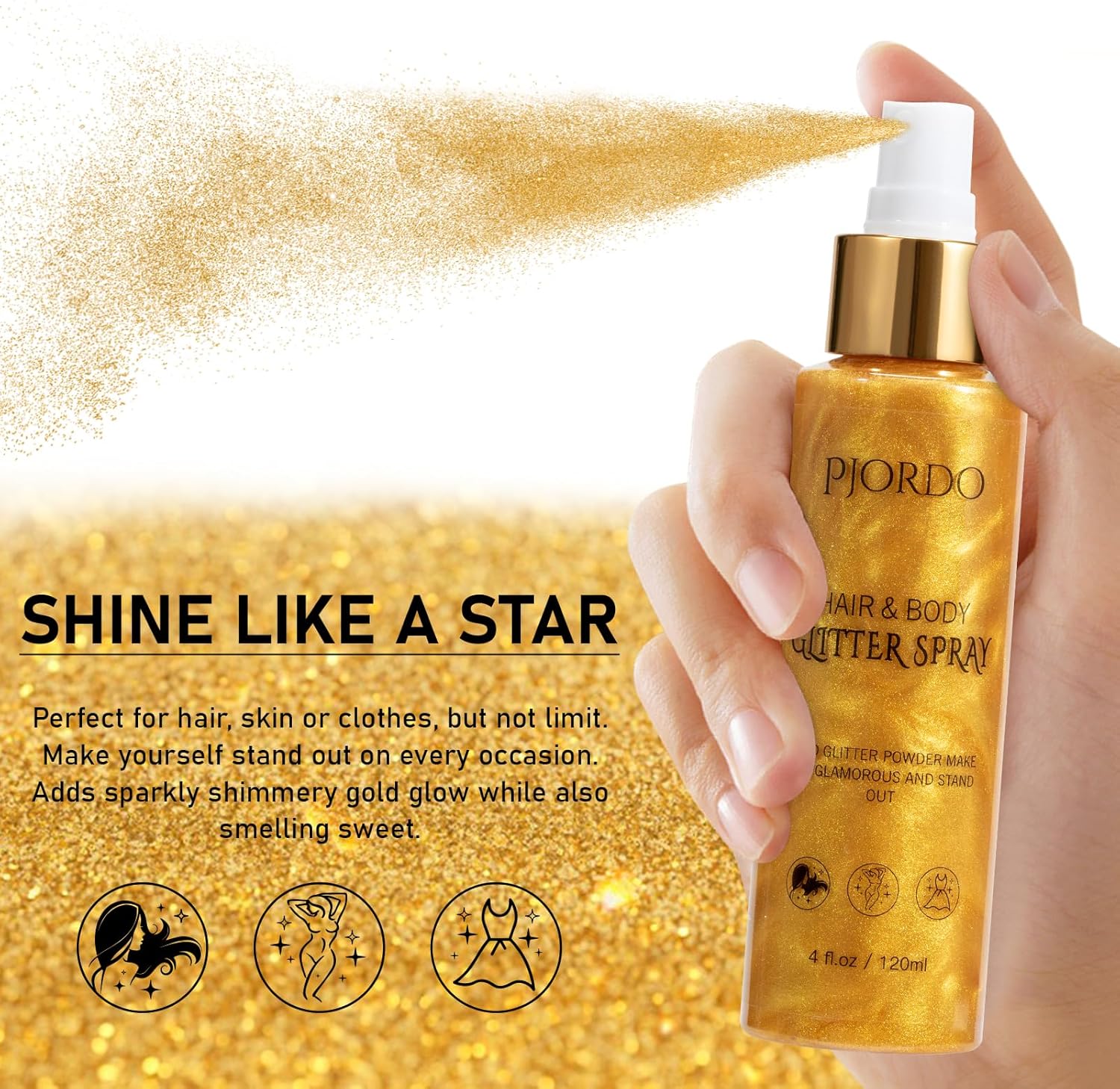 Body Glitter Spray, Shimmer Spray, Gold Glitter for Hair and Body, Glitter Hairspray, Spray for Women Makeup Party Festival Rave 4FL.OZ