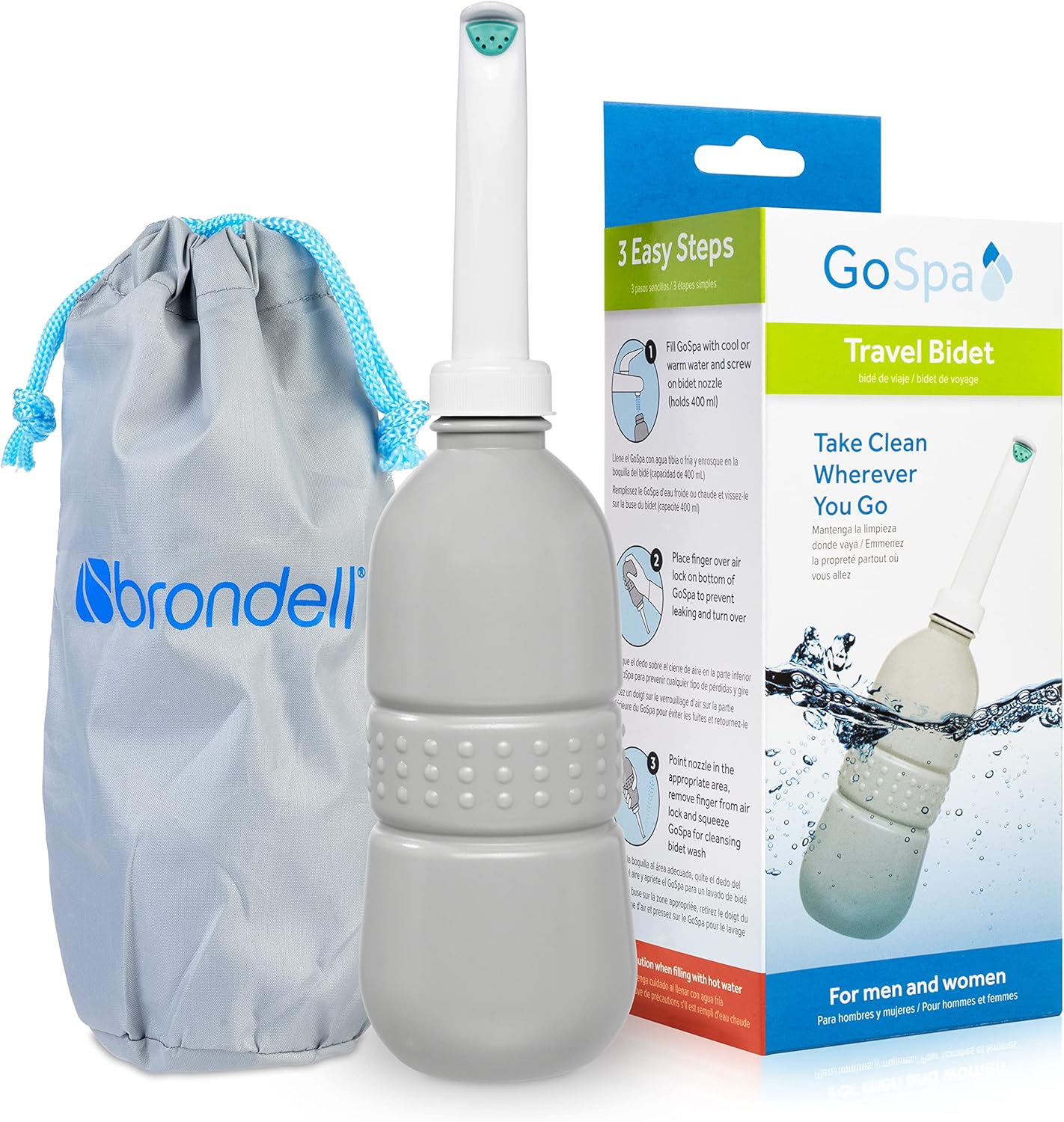 Brondell GoSpa Essential Portable Bidet for Everyday Use, Camping, Hiking, and Outdoor Activities, Compact and Discreet, Includes Travel Bag, 400ml, Fog