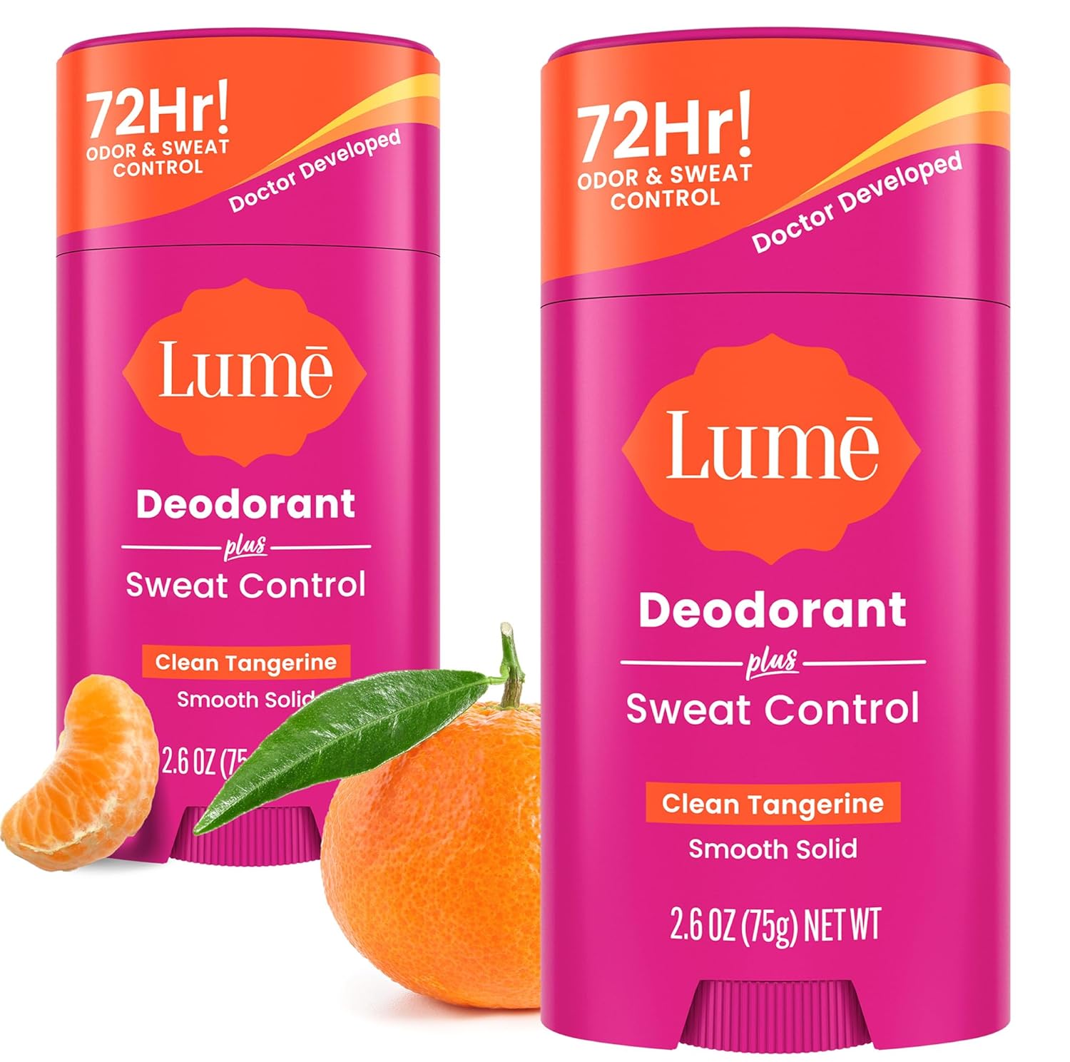 Lume Deodorant Plus Sweat Control - Smooth Solid Stick - Maximum Strength Antiperspirant - 72 Hour Odor And Sweat Control - Baking Soda Free, Skin Loving - 2.6 ounce (Clean Tangerine) Pack of 2