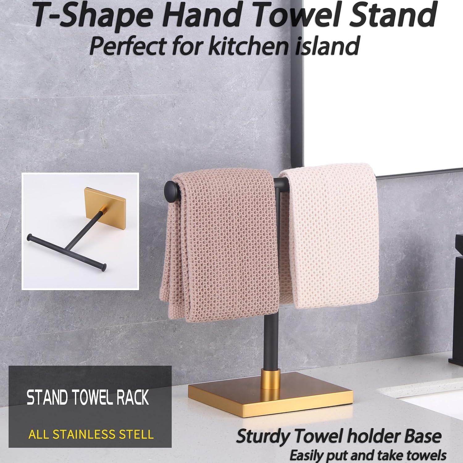 GERZWY Free Standing Countertop Towel Ring Hand Towel Holder Tree Rack SUS 304 Stainless Steel (Black & Gold) DZY011-BD
