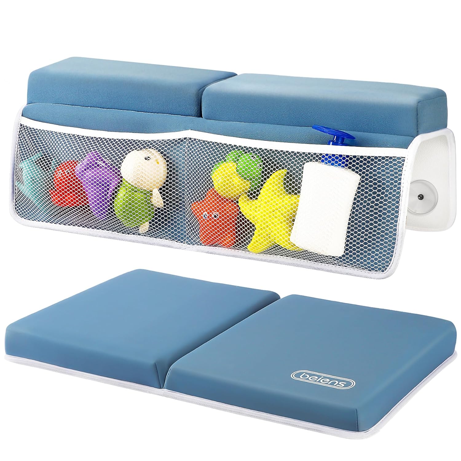 beiens Bath Kneeler and Elbow Rest Pad Set - 1.5'' Comfortable Thick Baby Bath Kneeler Pads, Quick Dry Soft Kneeling Pad for Baby Bath Time, Non-Slip Knee& Arm Support Bathtub Mat with Toys Organizer