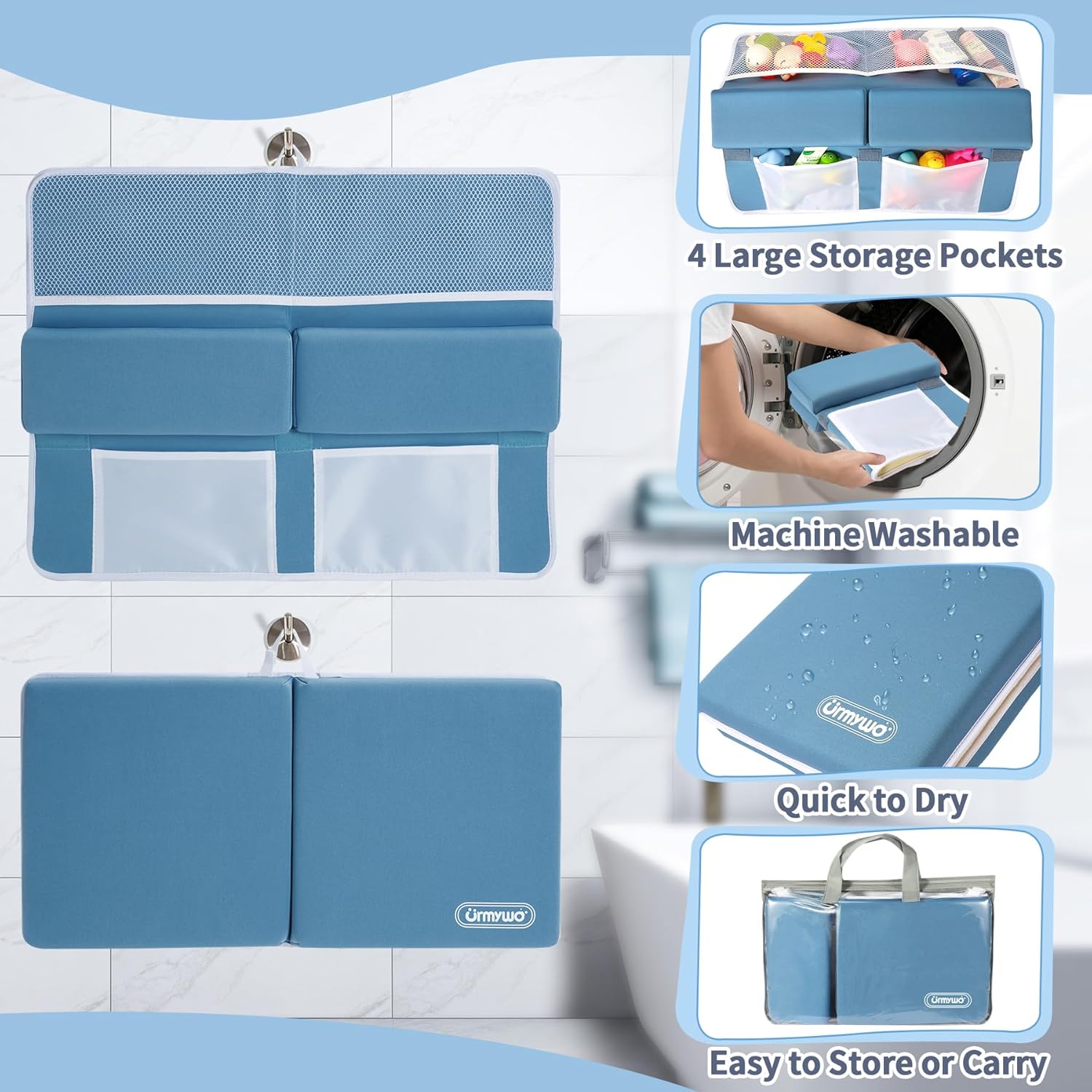 URMYWO Bath Kneeler and Elbow Rest Pad Set - 1.5" Thick Baby Bath Kneeler Pads with Toys Organizer, Anti-Slip Cozy Knee & Arm Support Bathtub Mat, Quick Dry Kneeling Pad for Baby Bath Time