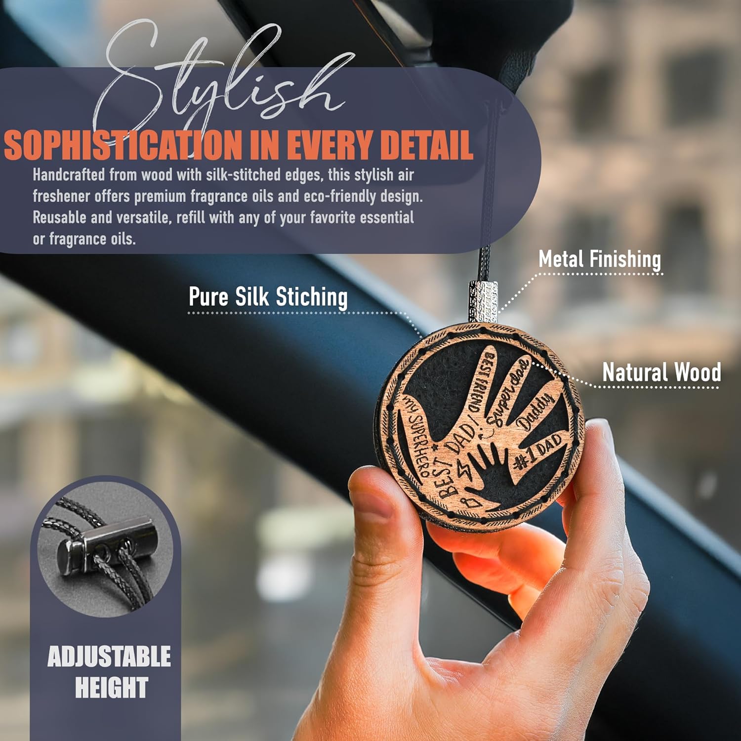 Wood Car Air Freshener — Handcrafted Air Freshener — Father’s Hands Fragrance Oil Diffuser in Wooden Gift Box — Christmas Gift for Car with Ocean Breeze Scent Fragrance Oil - 10 ml