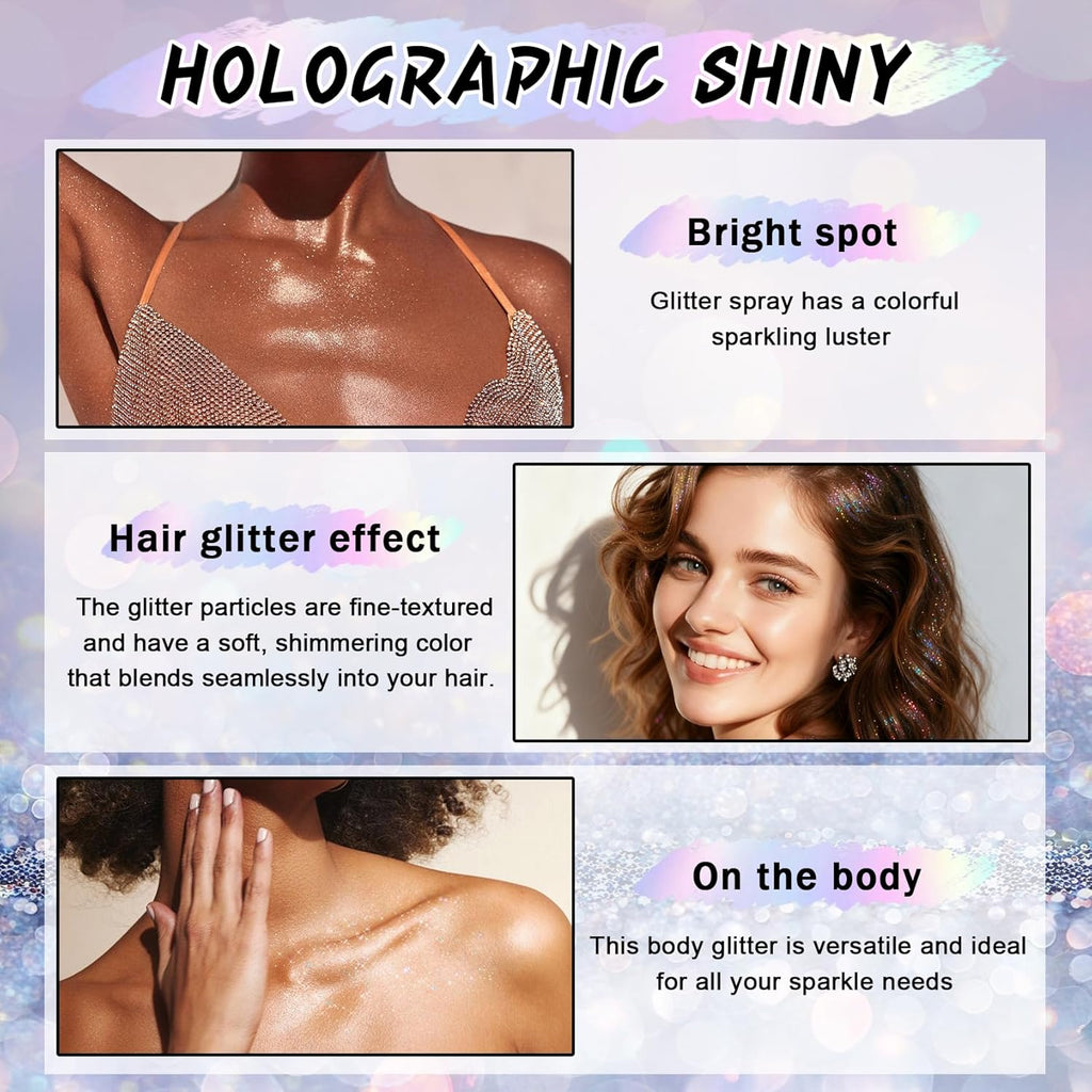 AWCCXMYM 150ML Body Glitter Spray Shiny Hair Glitter Long-Lasting and Quick-Drying Glitter Spray for Hair and Body Shimmer Glitter Hairsparay Halloween,Christmas,Festival Makeup Prom 5.2 Fl Oz