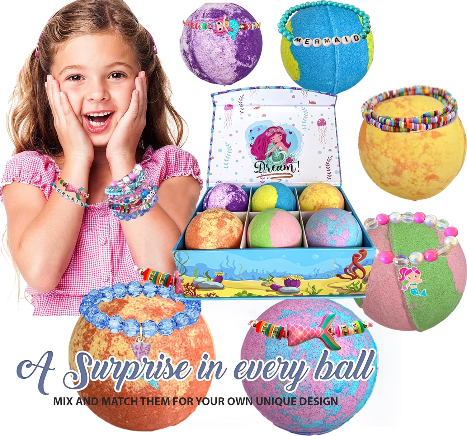 Bath Bombs for Kids with Surprise Inside, Mermaid Bath Bombs for Girls with Jewelry & Jewelry Box for Kids Organic, Skin Moisturizing, Natural Bubble, Birthday Gifts for Boys, Girls