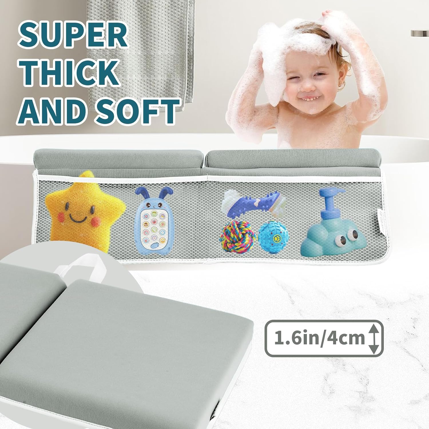 Bath Kneeler and Elbow Rest Pad, Thick Quick Dry Kneeling Pad, Elbow Support, Large Bathtub Kneeling Mat with Toy Organizer for Baby Bathing (Grey)