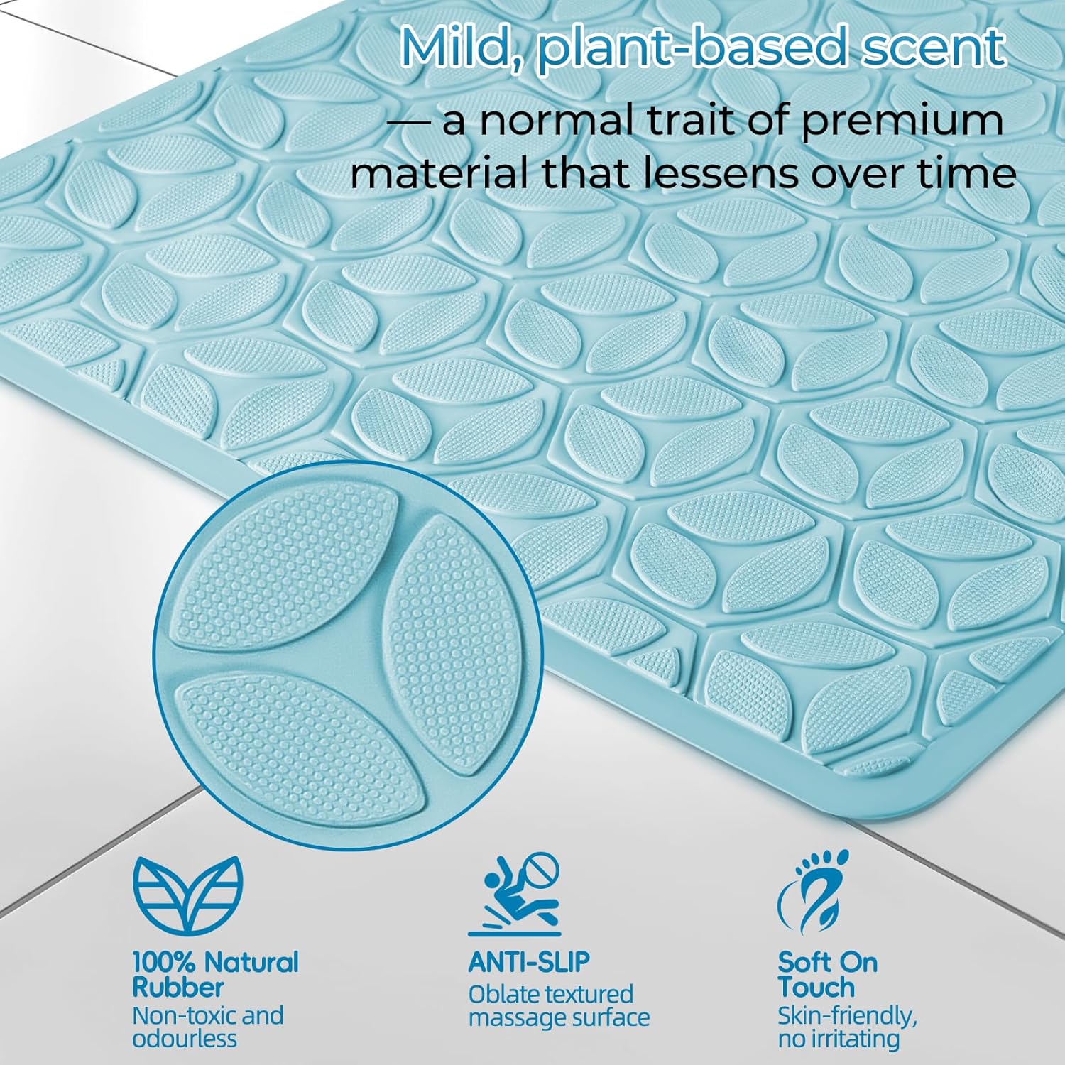 WRISIN Bathtub Mat Non Slip with Suction Cups - 100% Rubber Bathroom Mat Textured for Bath Tub Shower Safety - Soft on Touch - BPA/PVC Free - Pet Dog Bath Mat - Machine Washable - 16 × 28 Inch（Blue）