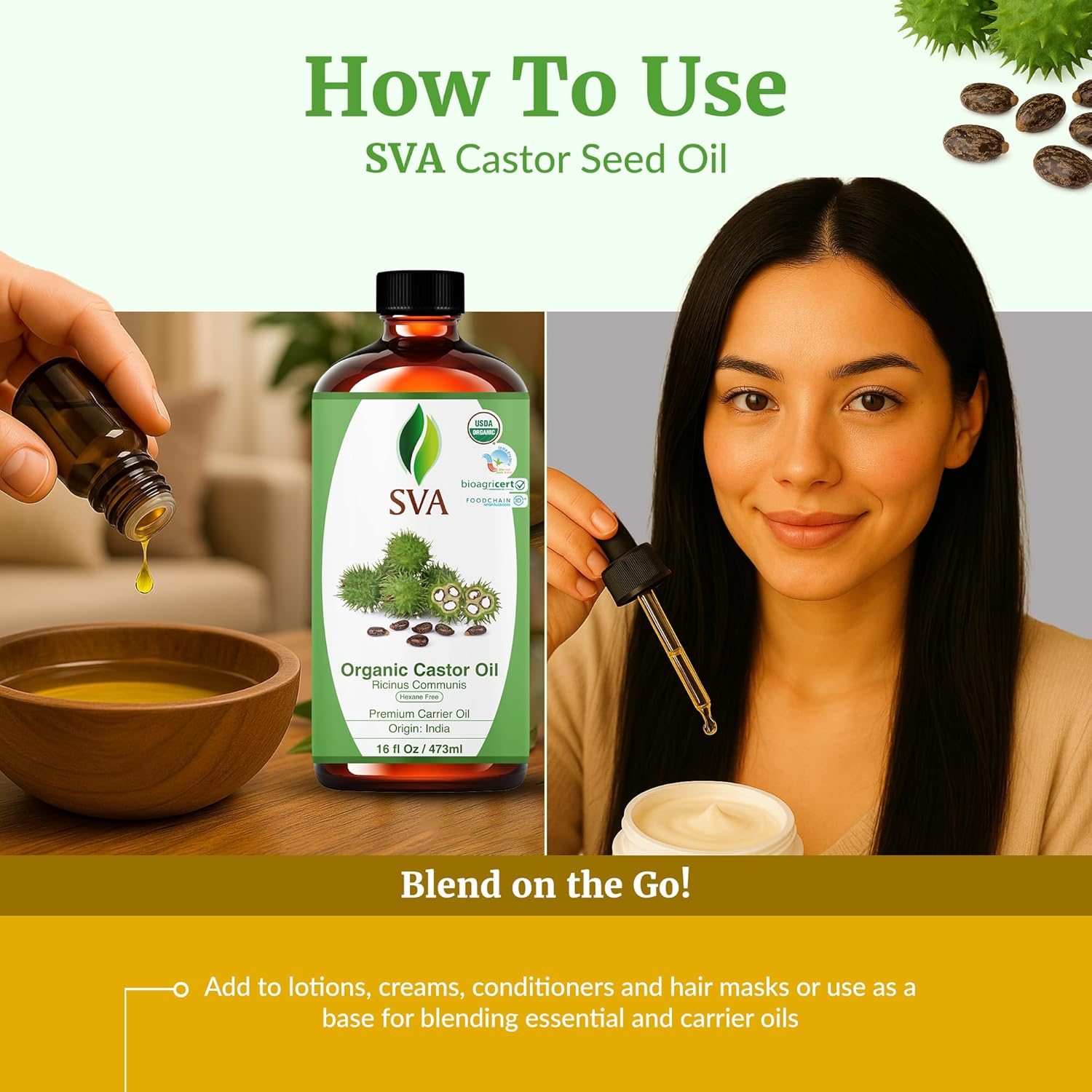 SVA Castor Seed Oil Organic - 16 Fl Oz – 100% Natural Cold Pressed Organic Castor Oil - for Face, Skin Care, Hair Care, Scalp Massage & Body Massage with Pump