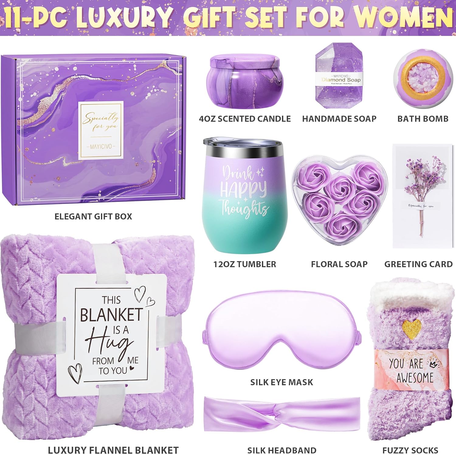Birthday Gifts for Women Self Care Gifts Get Well Soon Gifts, Lavender Relaxing Spa Gifts Basket Care Package w/ Luxury Flannel Blanket, Unique Christmas Gifts Idea for Mom Her Friend Sister Wife
