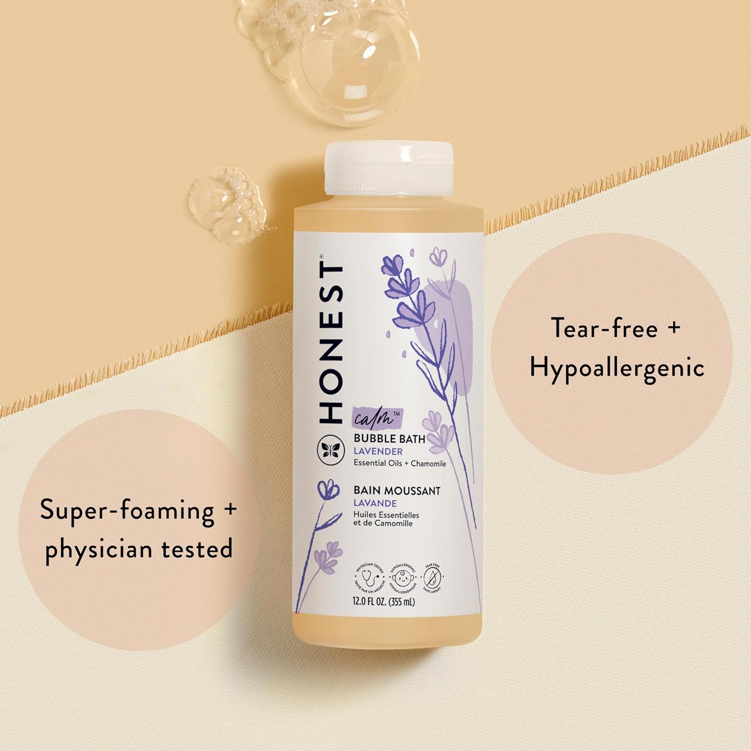The Honest Company Foaming Bubble Bath, Gentle Tear-Free Hypoallergenic Baby Wash with Naturally Derived Ingredients, Lavender Calm, 12 fl oz
