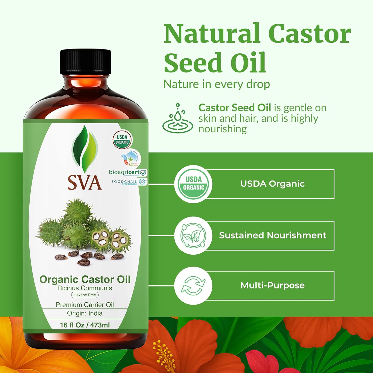 SVA Castor Seed Oil Organic - 16 Fl Oz – 100% Natural Cold Pressed Organic Castor Oil - for Face, Skin Care, Hair Care, Scalp Massage & Body Massage with Pump