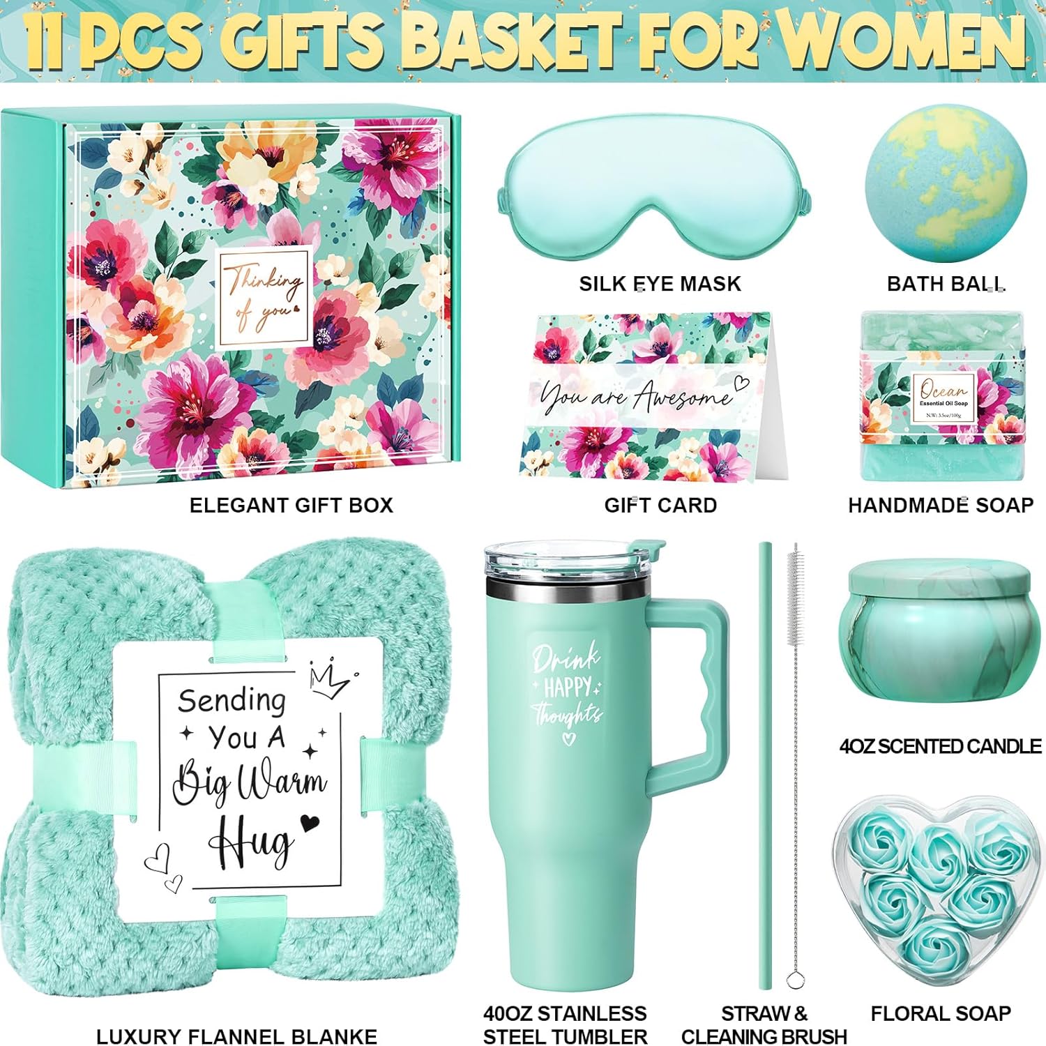 Birthday Gifts for Women Self Care Get Well Soon Gifts, Ocean Relaxing Spa Gifts Box Care Package Basket w/ Luxury Flannel Blanket 40 oz Tumbler, Christmas Gifts Set for Mom Her Wife Girlfriend Sister
