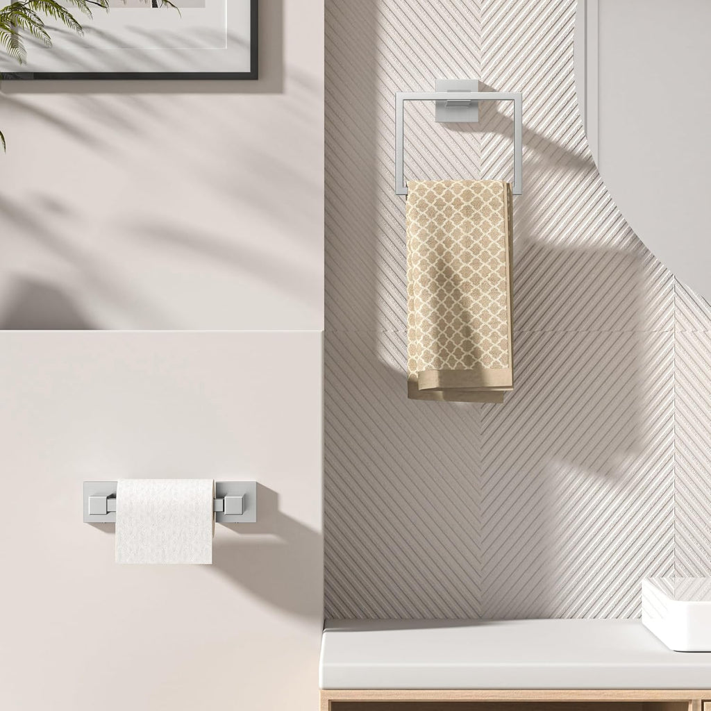 FORIOUS Toilet Paper Holder Set Wall Mount, SUS 304 Stainless Steel Pivoting Toilet Paper Holder and Towel Ring, Hand Towel Holder Set for Bathroom, Square Bathroom Hardware Set, Brushed Nickel