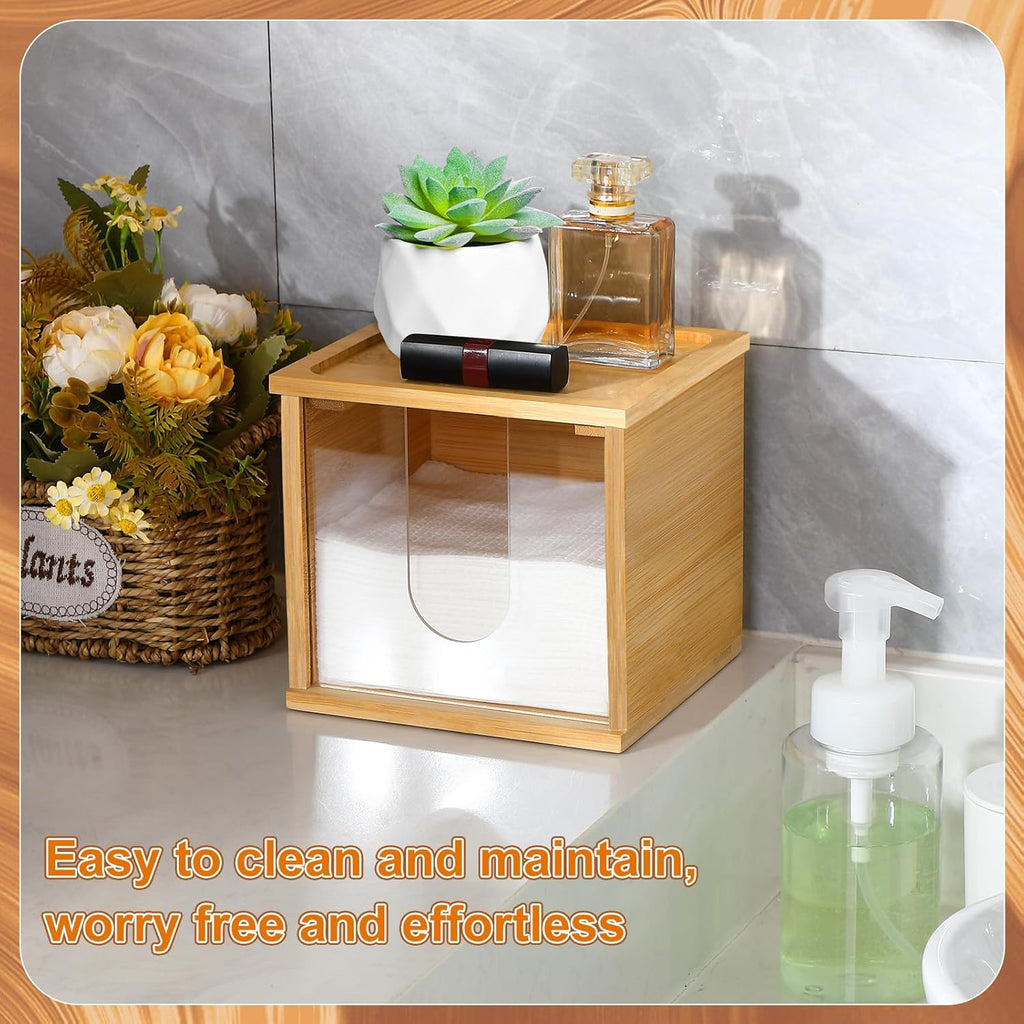 Chunful Disposable Face Towel Holder Box with Bamboo Lid, Acrylic Cosmetic Facial Towel Storage Container for Disposable Makeup Wipes Bathroom Vanity Countertop (Card Slot Connection)