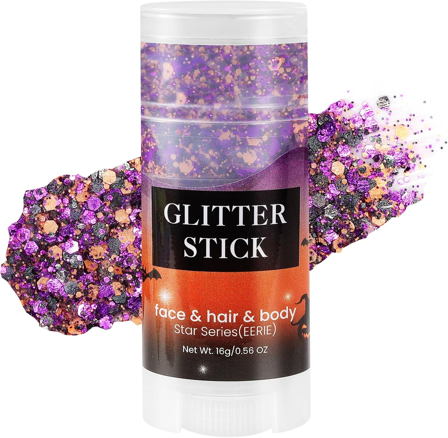 Mysense Halloween Body Glitter Stick, Black Purple and Orange Face Hair Glitter for Kids Women, Festival Rave Pride Accessories, Sparkling Chunky Glitter Makeup, 0.56oz