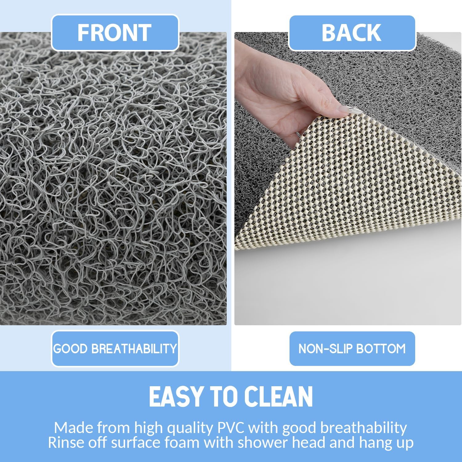 Non Slip Shower Mat, Anti Slip Bath Mat, Quick Drying Bath Tub Mats, Foot Scrubber Mat, Anti Slip Mat for Tub, Floor, Bathroom, Home, Kitchen, Hotel (Grey 24”x24”)