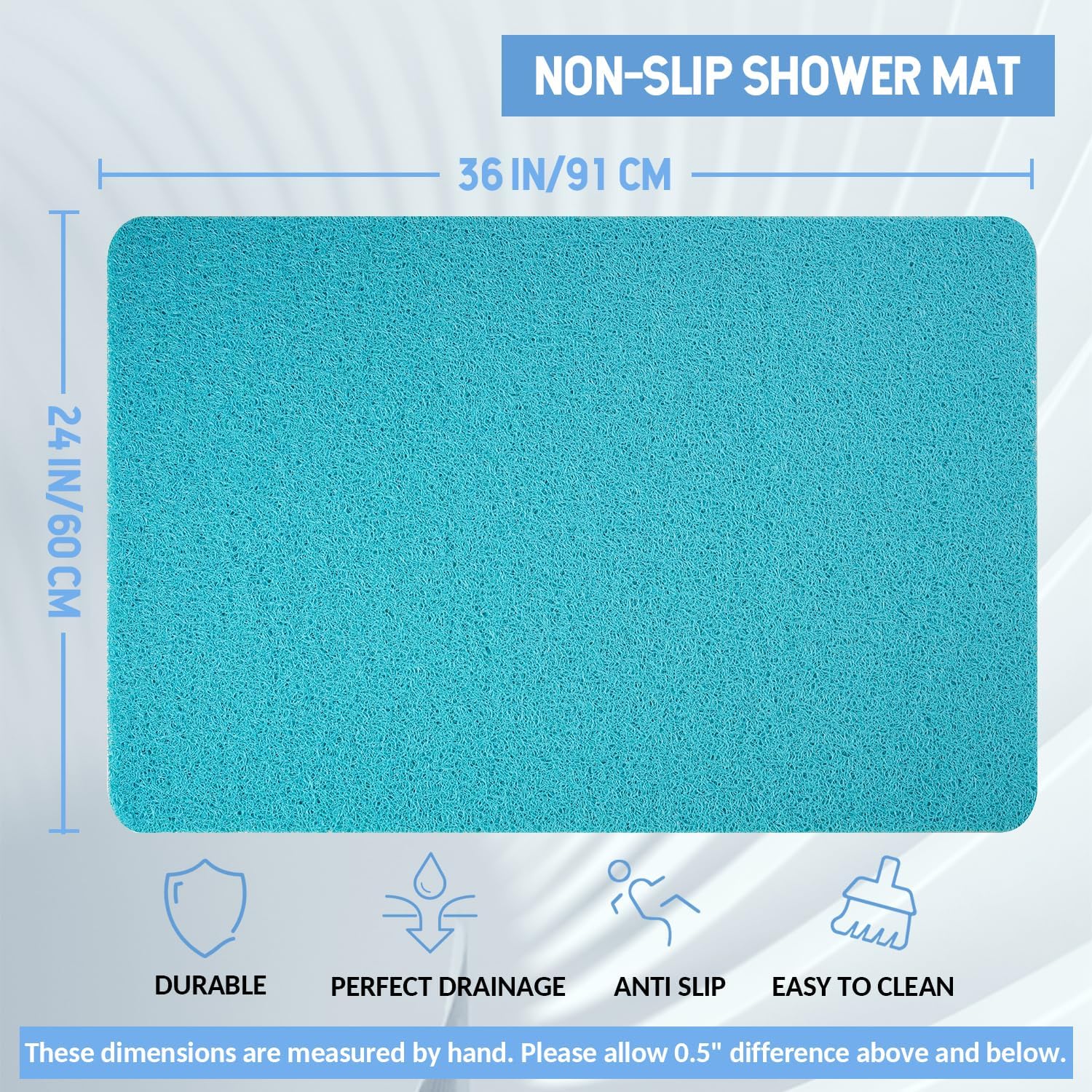 Non-Slip Bathtub Mat, Anti Slip Shower Mat, Fast Drying Bathtub Mats, Foot Scrubber Mat, Anti Slip Mat for Tub, Floor, Bathroom, Kitchen, Home, Hotel (Turquoise Blue 36"×24")