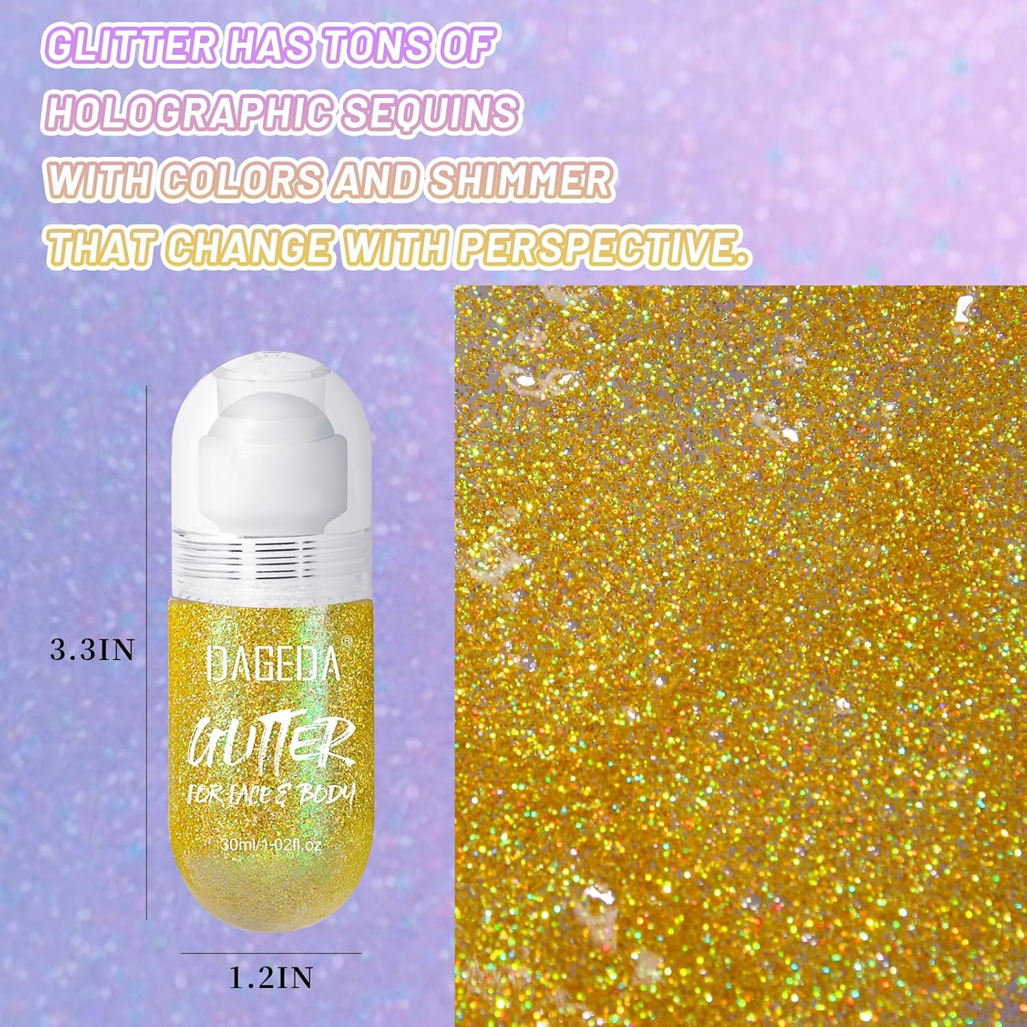 DAGEDA Body Glitter Gel, Roll-on Face Glitter for Mermaid Makeup Festival Rave Accessories, Holographic Hair Glitter Gel,Body Shimmer Halloween Makeup for Rave Party(Laser Gold)