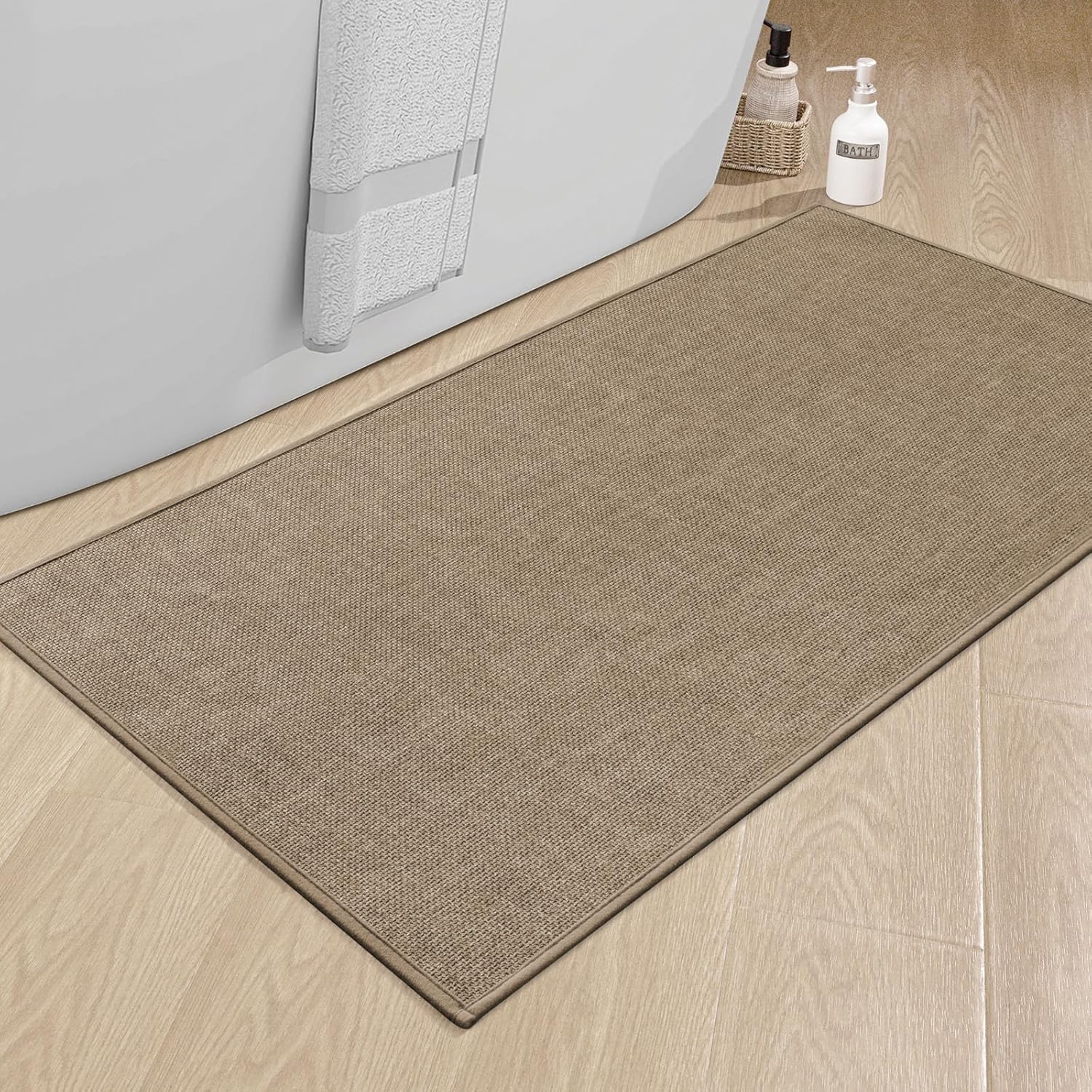 chakme Bathroom Rugs Mat 47x25, Ultra Thin Non Slip Bath Mat Large Quick Dry Absorbent Bath Mat for Bathroom Floor, (Dark Beige, 47"x25")