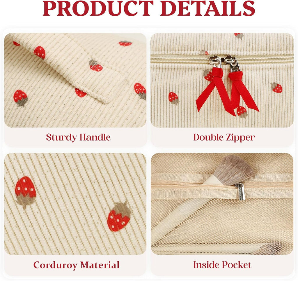 Prite Corduroy Large Travel Quilted Makeup Bag for Women Floral Cotton Cosmetic Bag Coquette Aesthetic Floral Toiletry Organizer Bag(Strawberry)