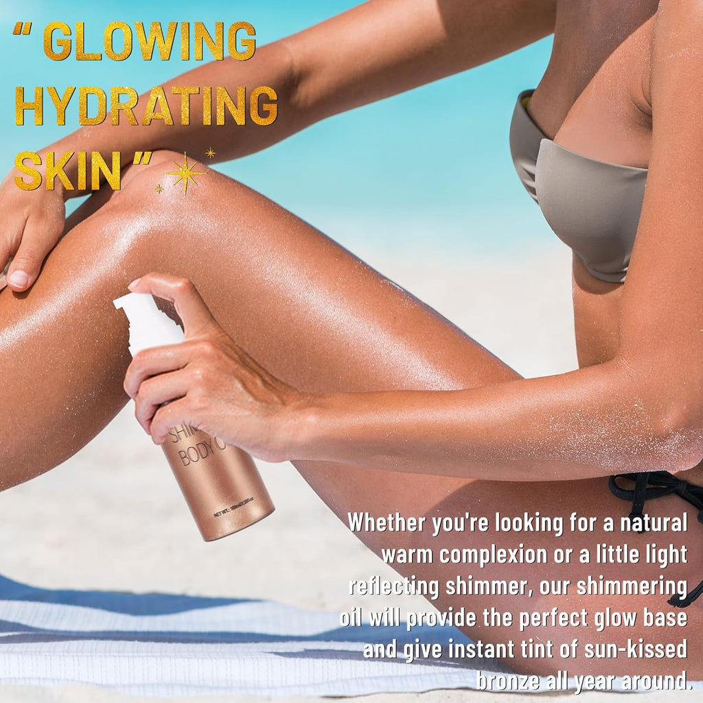 UCANBE Body Shimmer Oil - 100ml Moisturizing Glow Glitter Oil, Waterproof Shimmering Luminizer, Tinted Glowing Bronzer (Rose Gold)