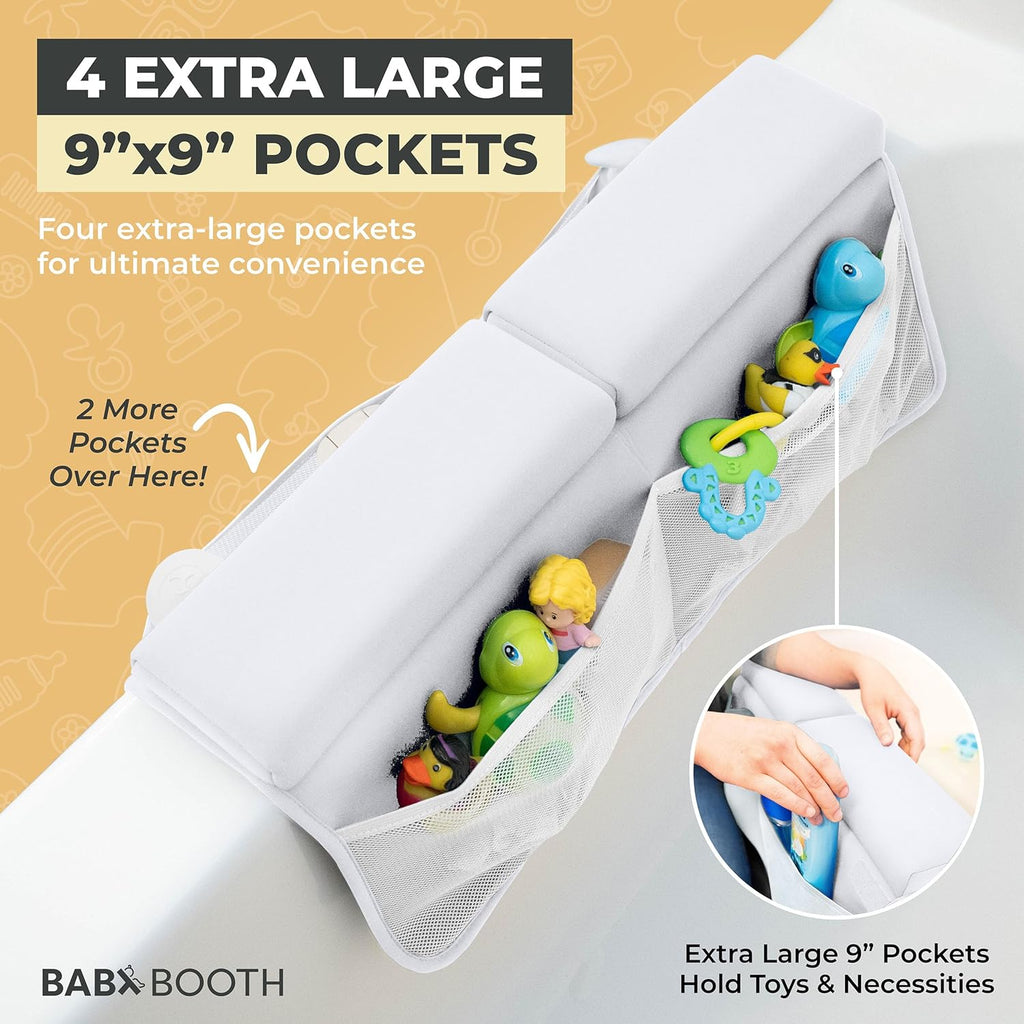 Bath Kneeler and Elbow Rest Pad, Extra Thick Baby Bath Kneeling Pad and Elbow Pad for Bathtub. Bath Tub Elbow Pad with Infant Toy and Baby Accessories Organizer, Off White Color
