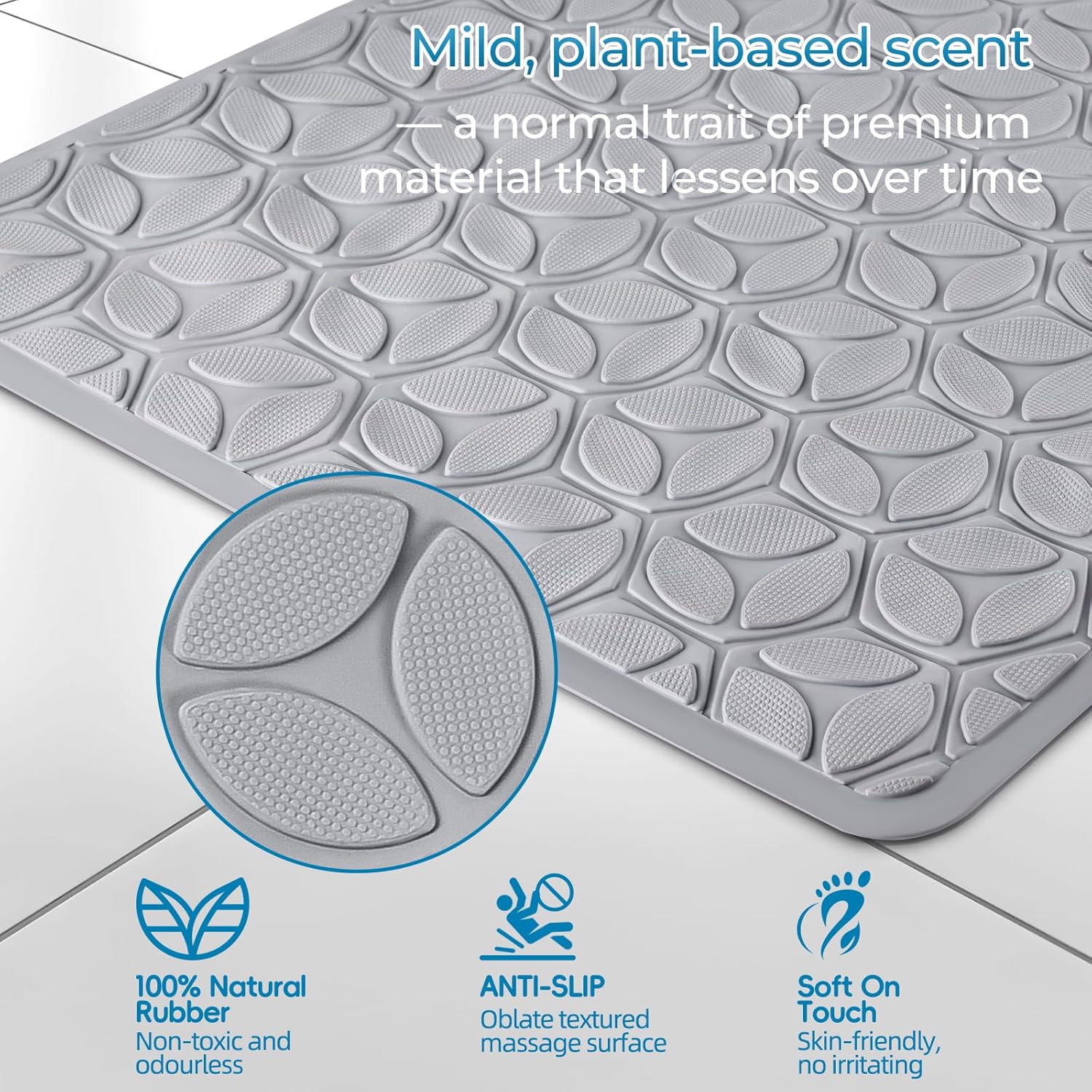 WRISIN Bathtub Mat Non Slip with Suction Cups - 100% Rubber Bathroom Mat Textured for Bath Tub Shower Safety - Soft on Touch - BPA/PVC Free - Pet Dog Bath Mat - Machine Washable - 16 × 28 Inch（Gray）