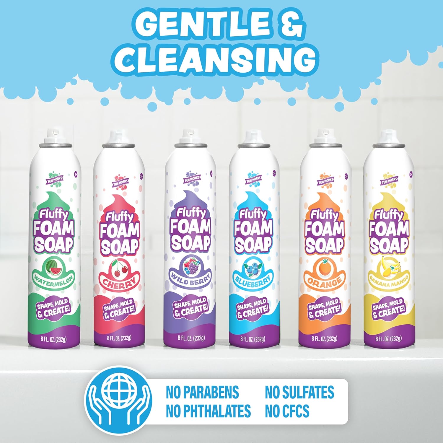 Tub Works® Fluffy Foam Soap, Variety 6 Pack | Shape, Mold & Create Bath Art with Soft Bath Foam for Kids | Gentle, Cleansing Kids Bath Soap | Easy-to-Use Spray Nozzles | Fruity, Fun Bath Colors