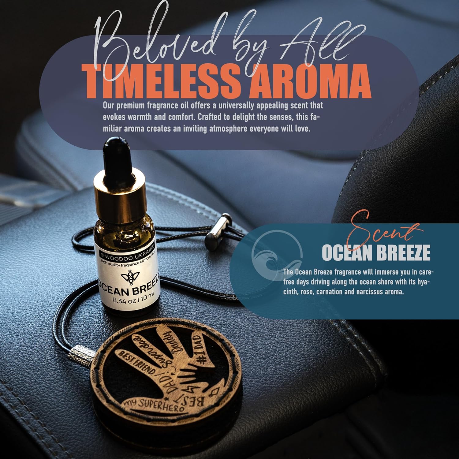 Wood Car Air Freshener — Handcrafted Air Freshener — Father’s Hands Fragrance Oil Diffuser in Wooden Gift Box — Christmas Gift for Car with Ocean Breeze Scent Fragrance Oil - 10 ml