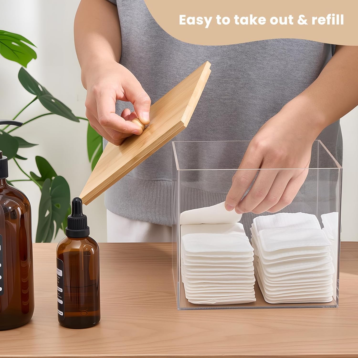 Puricon Acrylic Disposable Facial Towels Holder, Clear Storage Bin with Wood Lid Compatible with Clean Skin Club Towel (NOT Included), Face Towelettes Container for Bathroom Counter -Nature