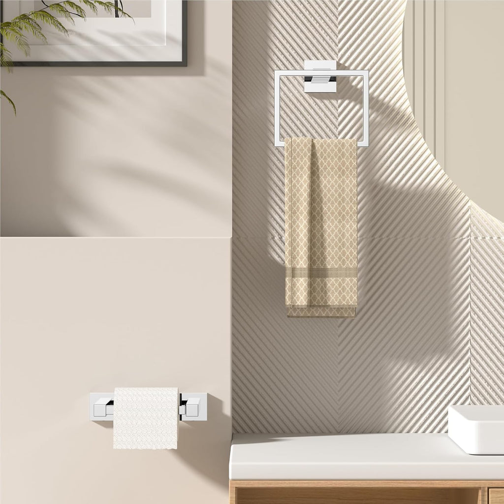FORIOUS Toilet Paper Holder Set Wall Mount, SUS 304 Stainless Steel Pivoting Toilet Paper Holder and Towel Ring, Hand Towel Holder Set for Bathroom, Square Bathroom Hardware Set, Chrome
