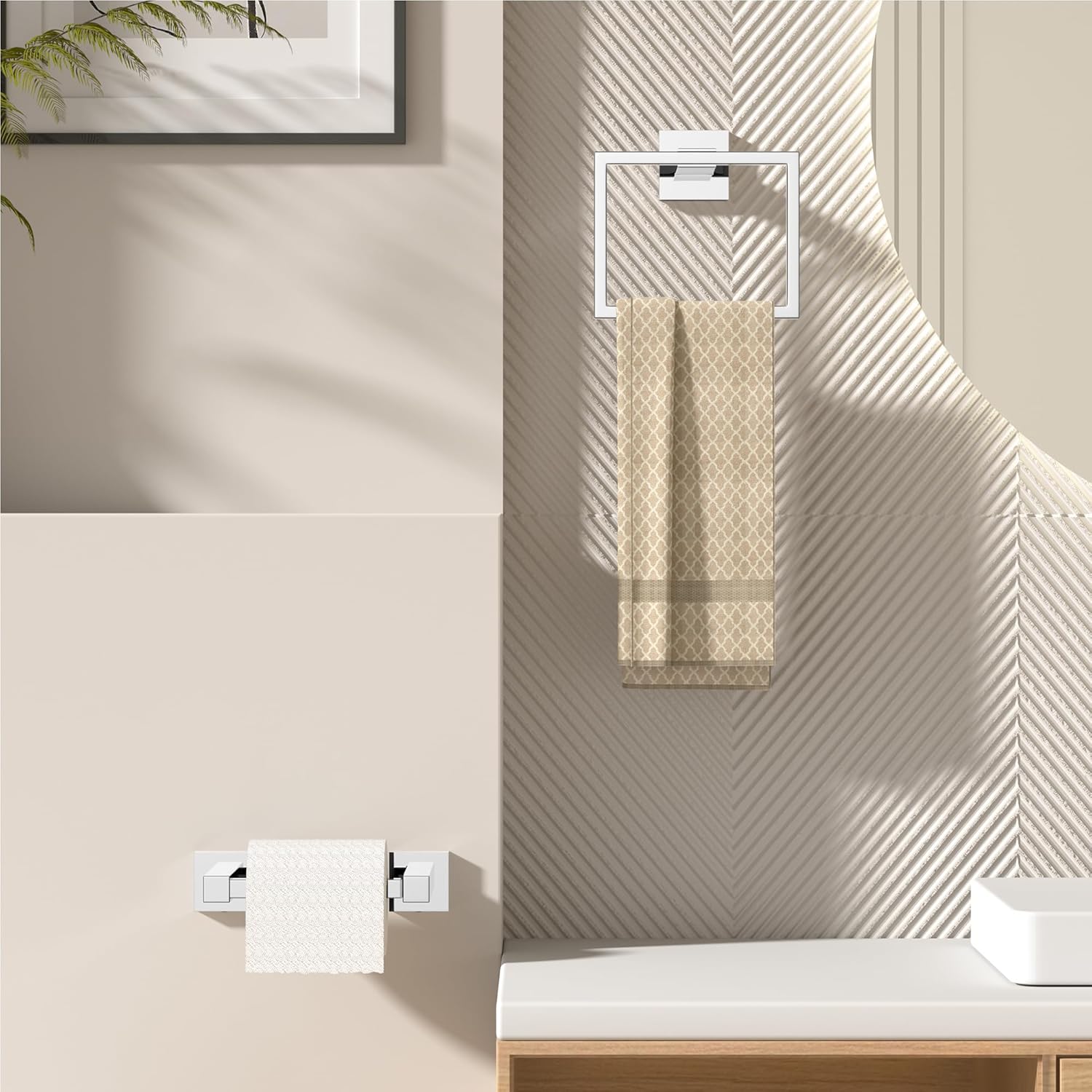 FORIOUS Toilet Paper Holder Set Wall Mount, SUS 304 Stainless Steel Pivoting Toilet Paper Holder and Towel Ring, Hand Towel Holder Set for Bathroom, Square Bathroom Hardware Set, Chrome