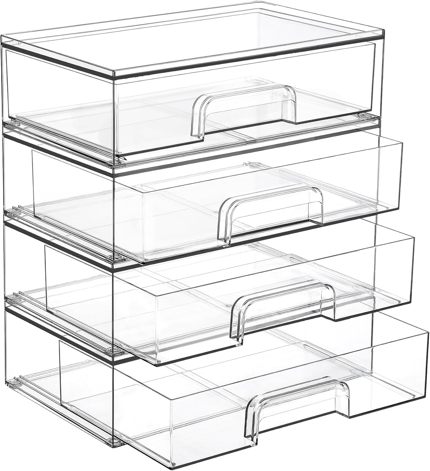 Vtopmart 12.1''W Clear Stackable Storage Drawers,4 Pack Acrylic Plastic Organizers Bins for Makeup Palettes, Cosmetics, and Beauty Supplies,Ideal for Vanity, Bathroom,Cabinet,Desk Organization