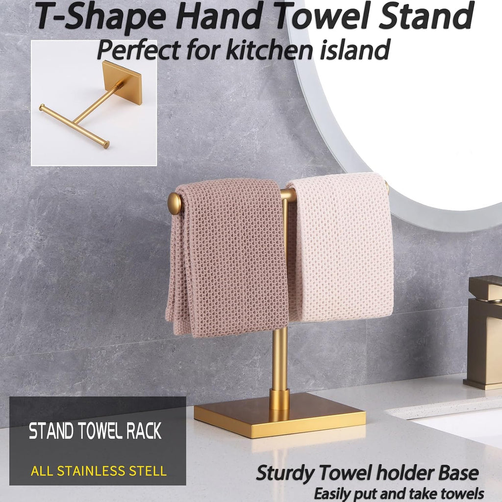 GERZWY SUS 304 Stainless Steel Towel Ring Gold Hand Towel Holder Standing Tree Rack for Bathroom Vanities Countertop DZY011-BE