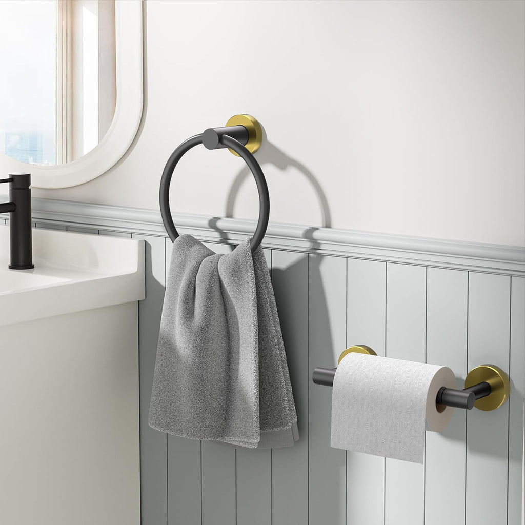 FORIOUS Toilet Paper Holder Wall Mount, SUS304 Stainless Steel Double Post Pivoting Tissue Roll Holder and Hand Towel Ring Set for Bathroom, RV, Bathroom Hardware Accessories Set, Black Gold
