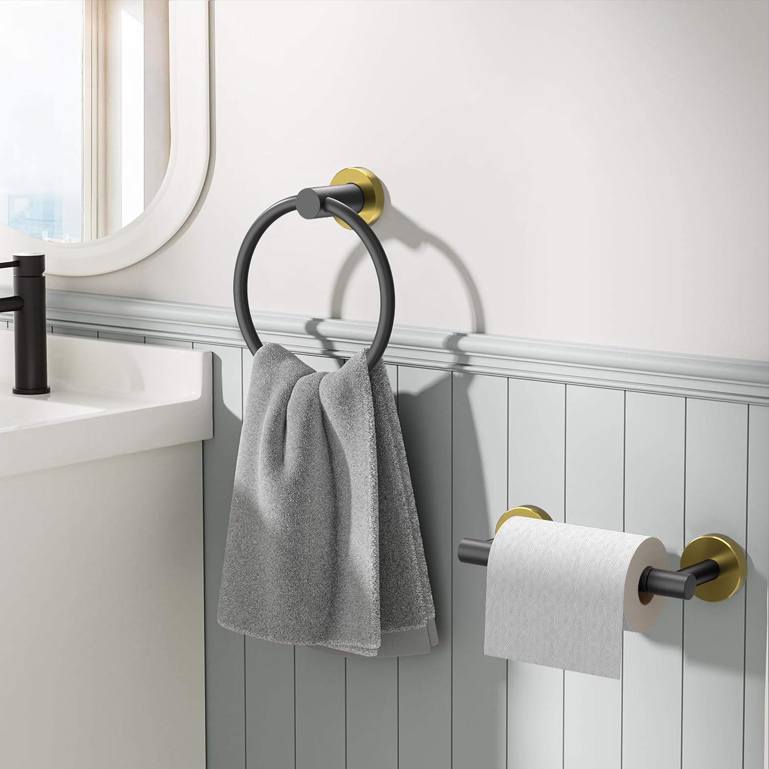 FORIOUS Toilet Paper Holder Wall Mount, SUS304 Stainless Steel Double Post Pivoting Tissue Roll Holder and Hand Towel Ring Set for Bathroom, RV, Bathroom Hardware Accessories Set, Black Gold