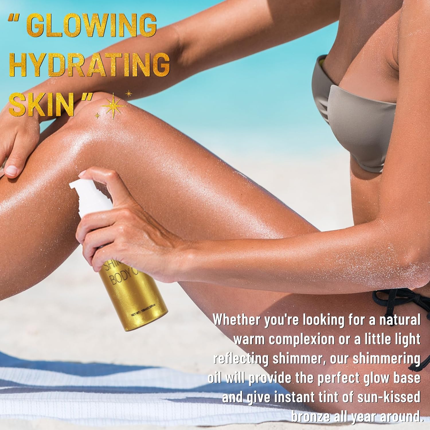 UCANBE Body Shimmer Oil - 100ml Moisturizing Face & Body Glow Glitter Luminizer Liquid Illuminator Highlighter, Waterproof, Tinted Glowing Bronzer (Gold)