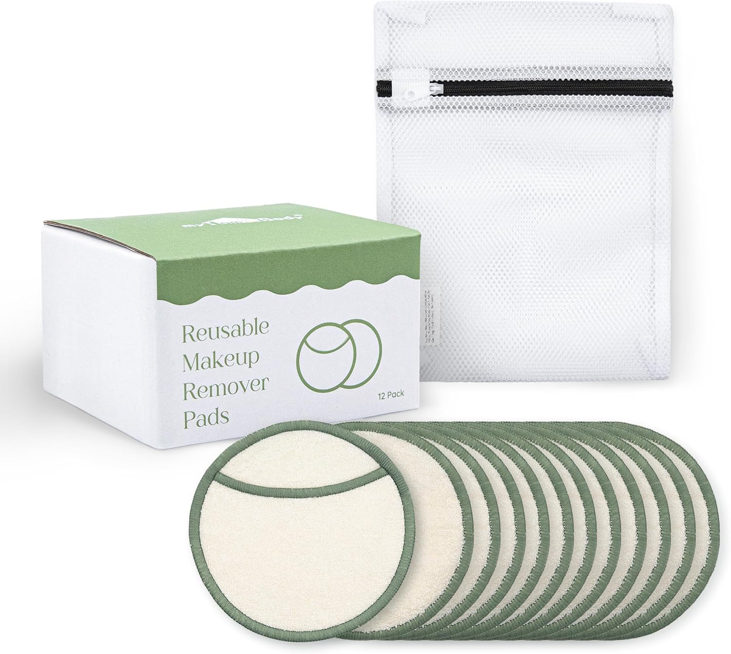 myHomeBody Reusable Makeup Remover Pads, Washable Ultra-Soft Facial Pads, Reusable Facial Cleansing Rounds - 12 Pack with Laundry Bag