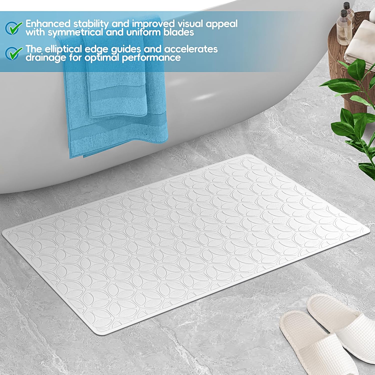 WRISIN Bathtub Mat Non Slip with Suction Cups - 100% Rubber Bathroom Mat Textured for Bath Tub Shower Safety - Soft on Touch - BPA/PVC Free - Pet Dog Bath Mat - Machine Washable - 16 × 28 Inch（White）