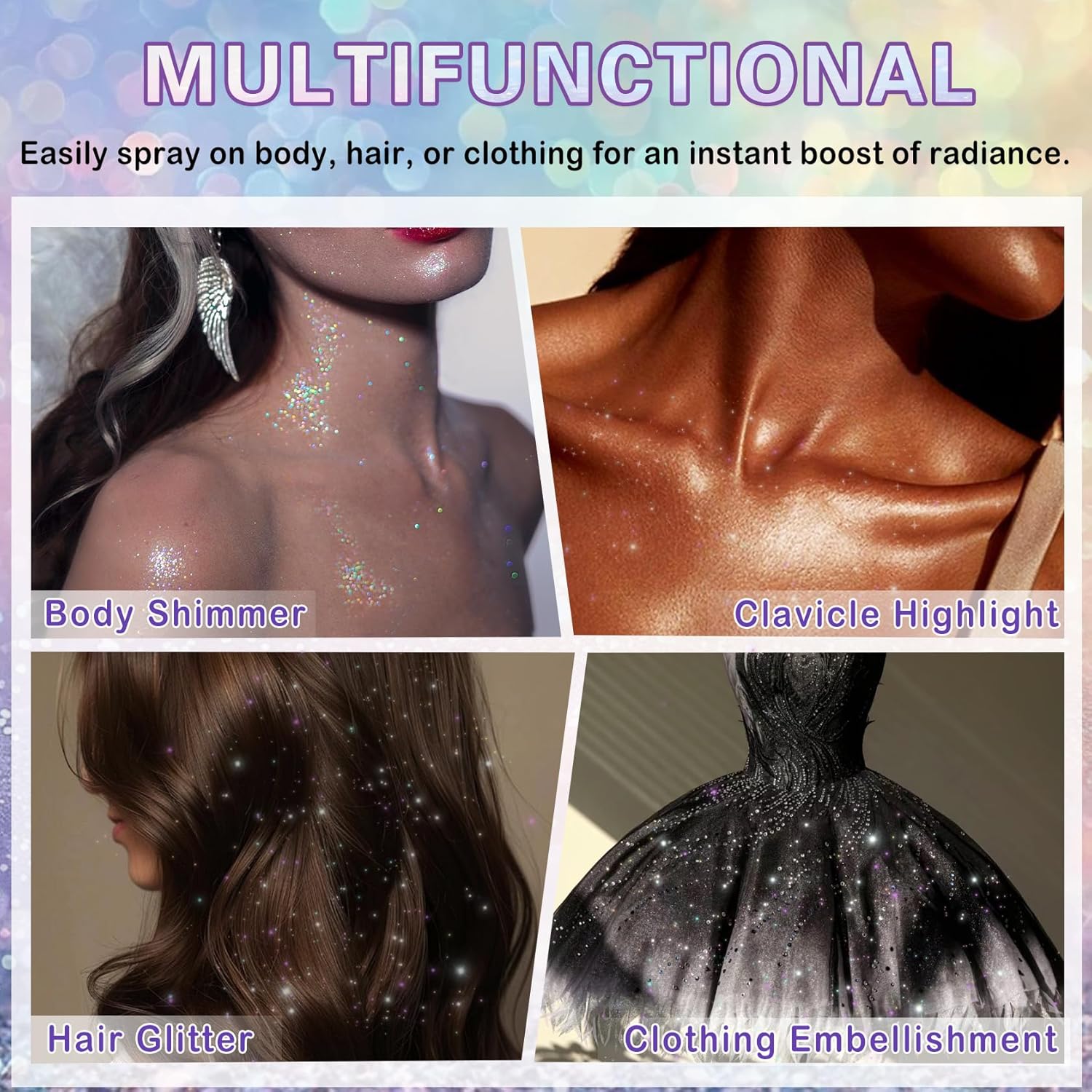 Body Glitter Spray,150ML Glitter Hairspray,Long-Lasting and Quick-Drying,Shimmer Spray for Kids Women,Suitable for Festival Music Concert Party,4.2 Fl Oz (Rainy-Rainbow)