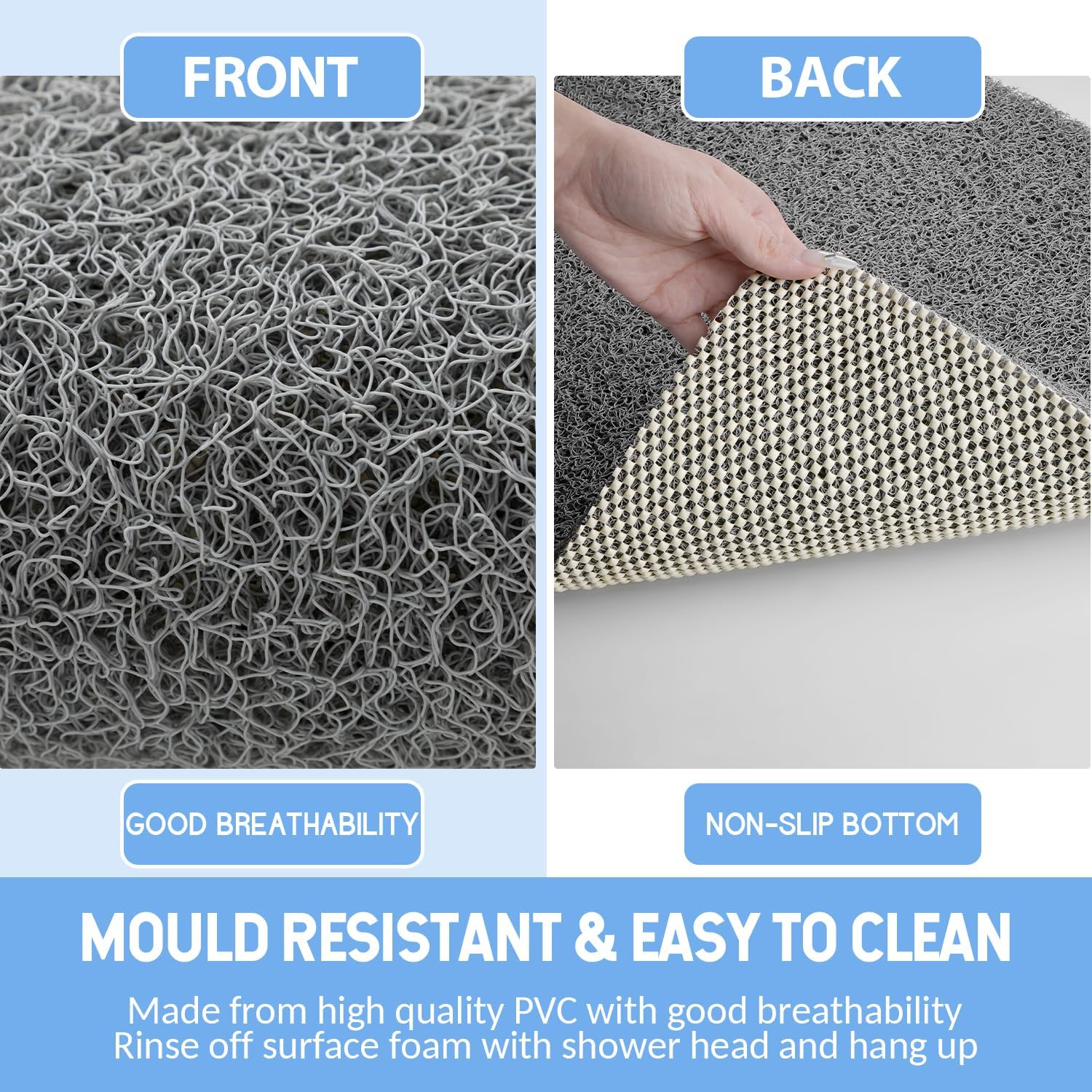 Non-Slip Bathtub Mat, 2 Pack Anti Slip Shower Mat, Fast Drying Bathtub Mats, Foot Scrubber Mat, Anti Slip Mat for Tub, Floor, Bathroom, Kitchen, Home, Hotel (Grey 24"×16"+24"×16")