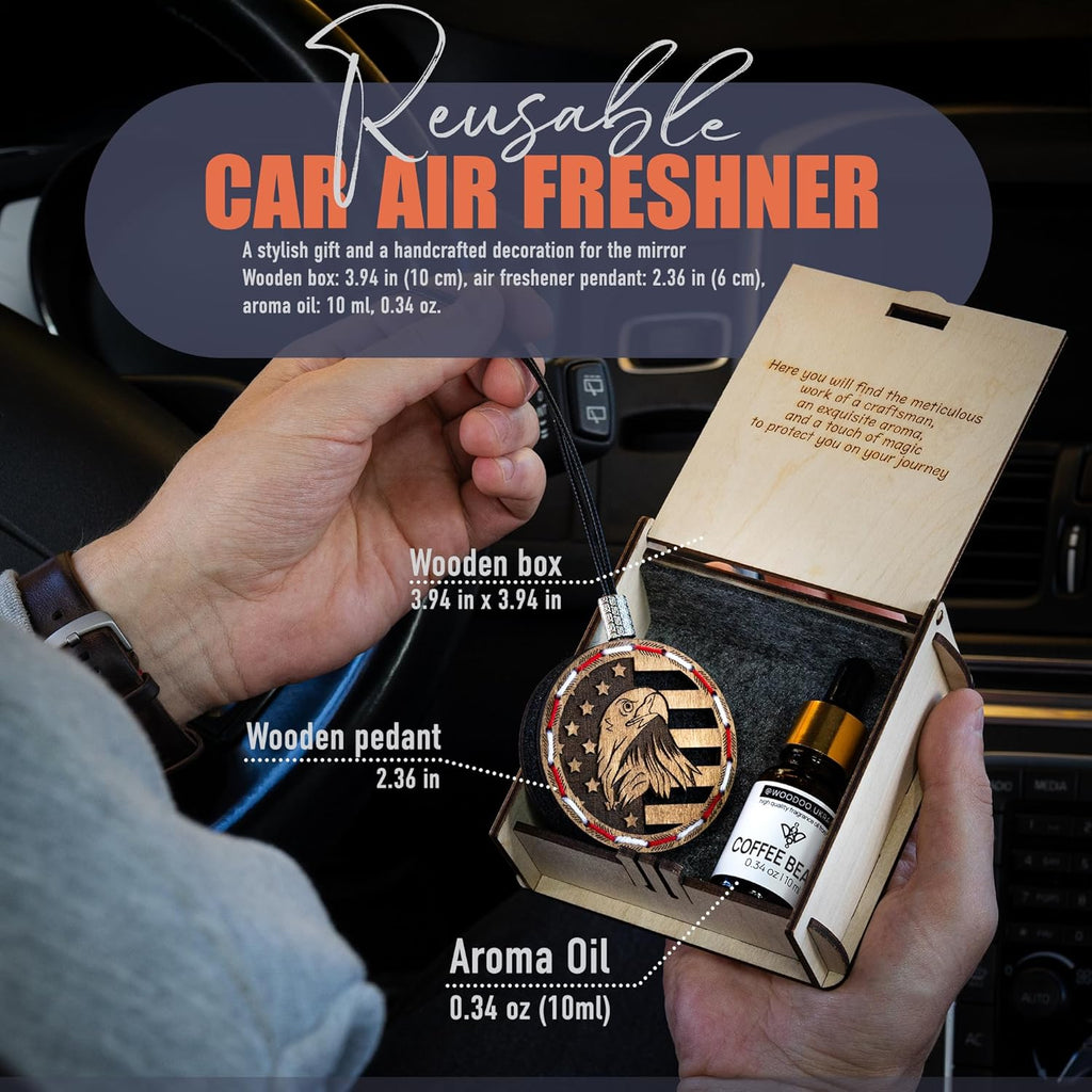Wood Car Air Freshener — Handcrafted Air Freshener — American Flag Hanging Fragrance Oil Diffuser in Wooden Gift Box — Christmas Gift for Car with Coffee Beans Fragrance Oil - 10 ml