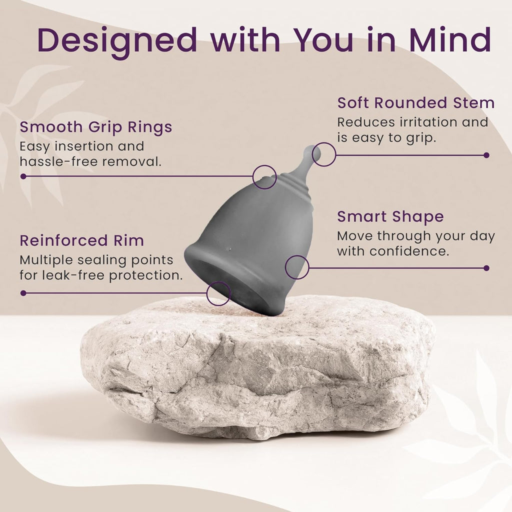 EcoBlossom Reusable Menstrual Cup and Case - The Most Reliable Medical Grade Silicone Period Cups - Comfortably use for 12 Hours (Large (Pack of 2), Gray Cup & Case)