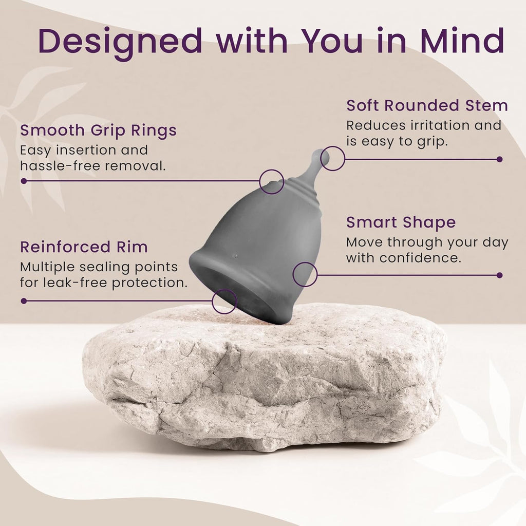 EcoBlossom Reusable Menstrual Cup and Case - The Most Reliable Medical Grade Silicone Period Cups - Comfortably use for 12 Hours (Small (Pack of 2), Gray Cup & Case)