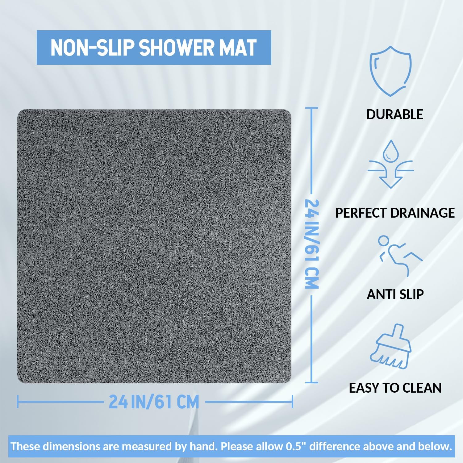 Non Slip Shower Mat, Anti Slip Bath Mat, Quick Drying Bath Tub Mats, Foot Scrubber Mat, Anti Slip Mat for Tub, Floor, Bathroom, Home, Kitchen, Hotel (Grey 24”x24”)